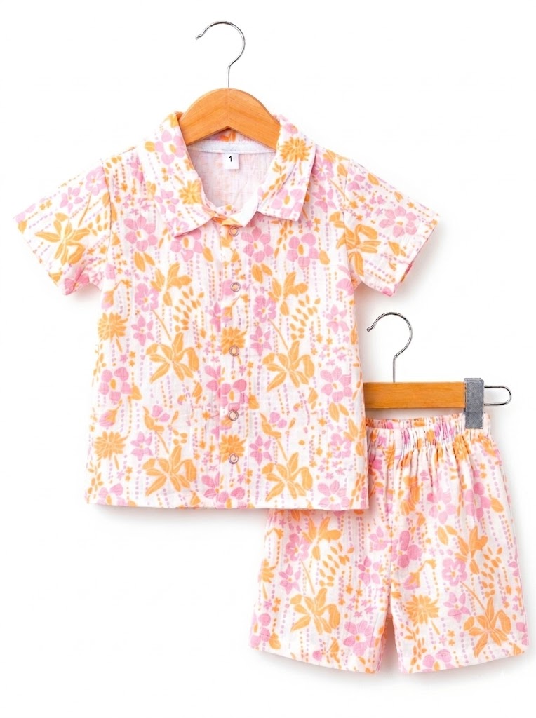 Airport - Kids Muslin Co-ord Set – Front Open Collar Shirt & Shorts (Beautiful String Flowers)