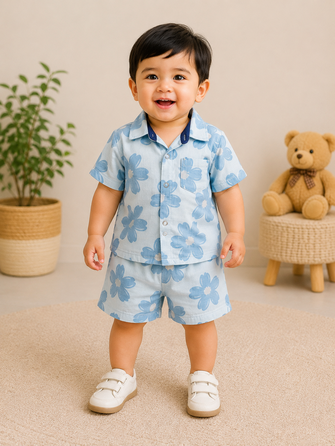 (M005) - Airport - Kids Co-ord Set – Front Open Collar Shirt & Shorts (Light Blue Flower)