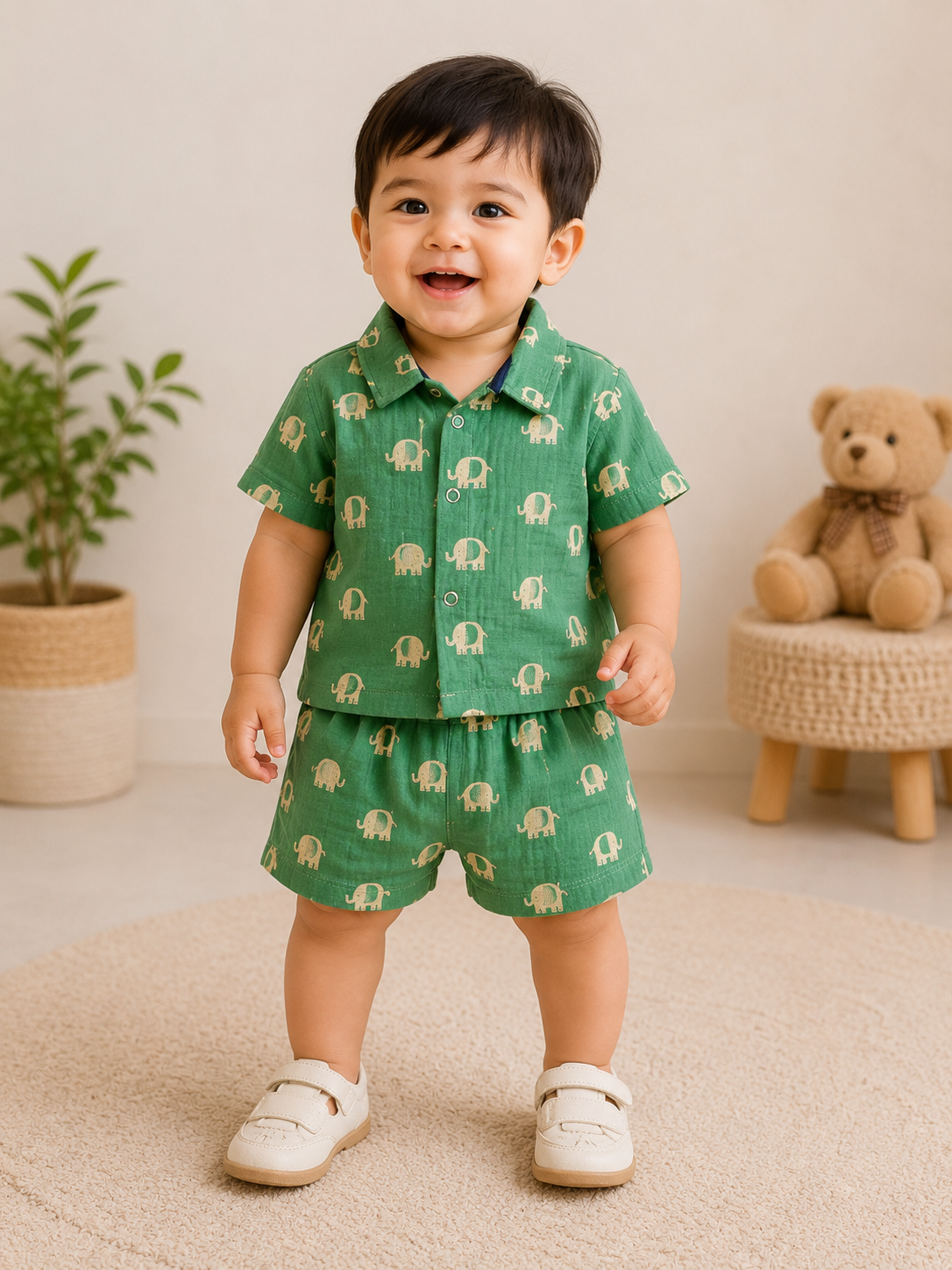 (M001) - Airport - Kids Co-ord Set – Front Open Collar Shirt & Shorts (Green Small Elephant)