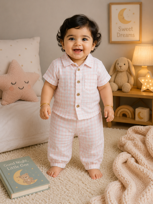 Premium Muslin Collar Co-ord Set – Shirt & Pant (Light Pink Check) | 0-4 Yrs