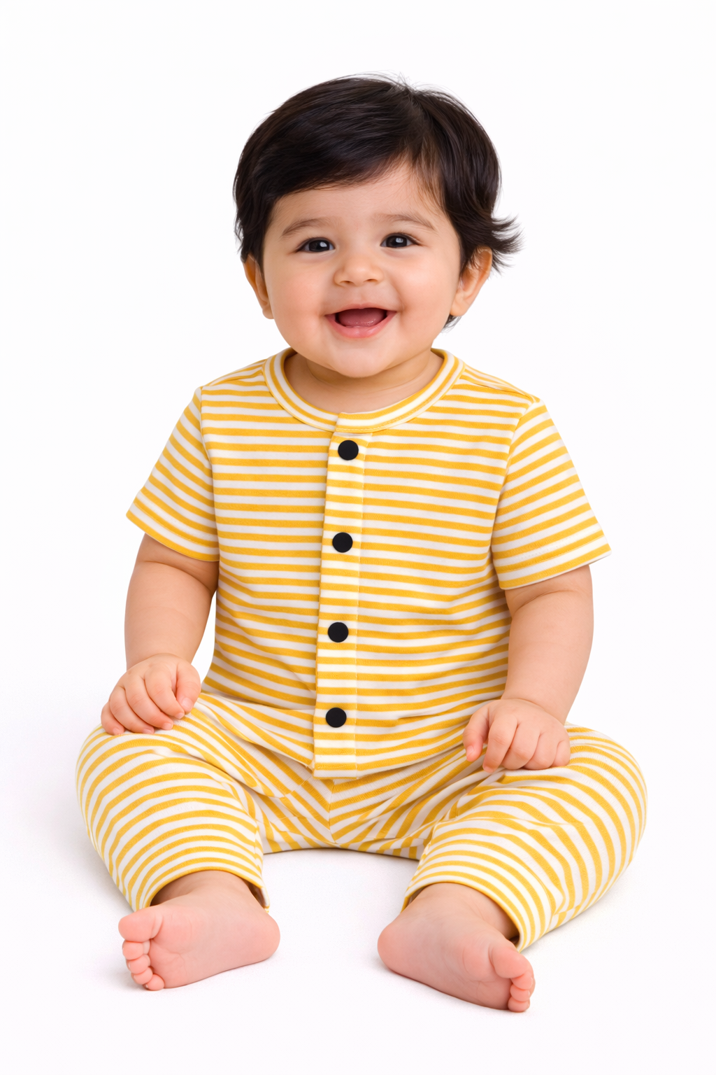 Front Open Half sleeves Cotton Tshirt with Pant (Yellow Shade Stripes)