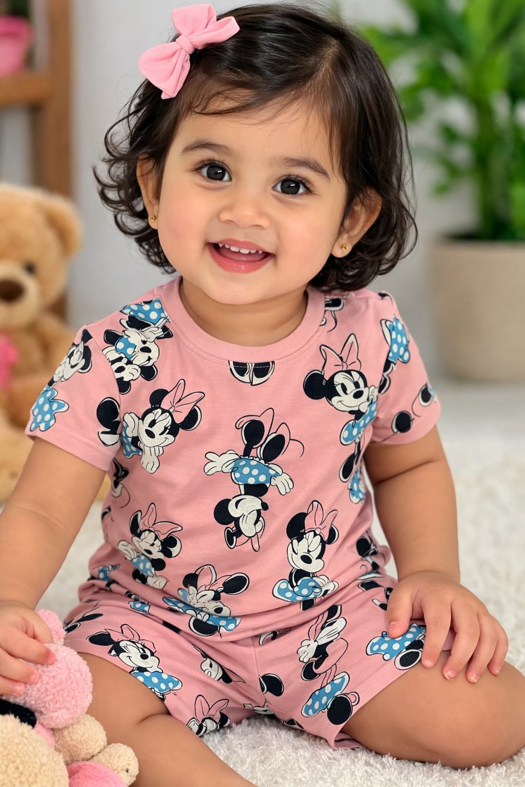 Cotton Shorts Sleeves Tshirt with Shorts Sets (Dark Peach Minnie)