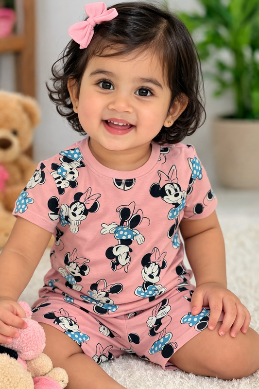 Cotton Shorts Sleeves Tshirt with Shorts Sets (Dark Peach Minnie)