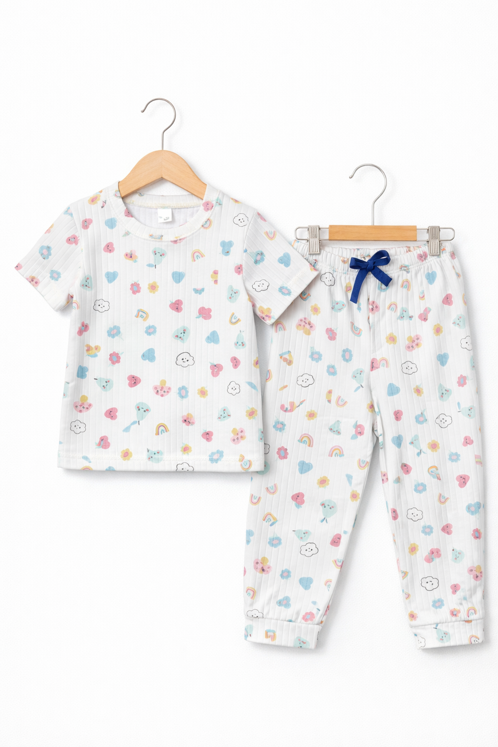 Premium Ribbed  Half sleeves Tshirt with Pant (White Hearts)