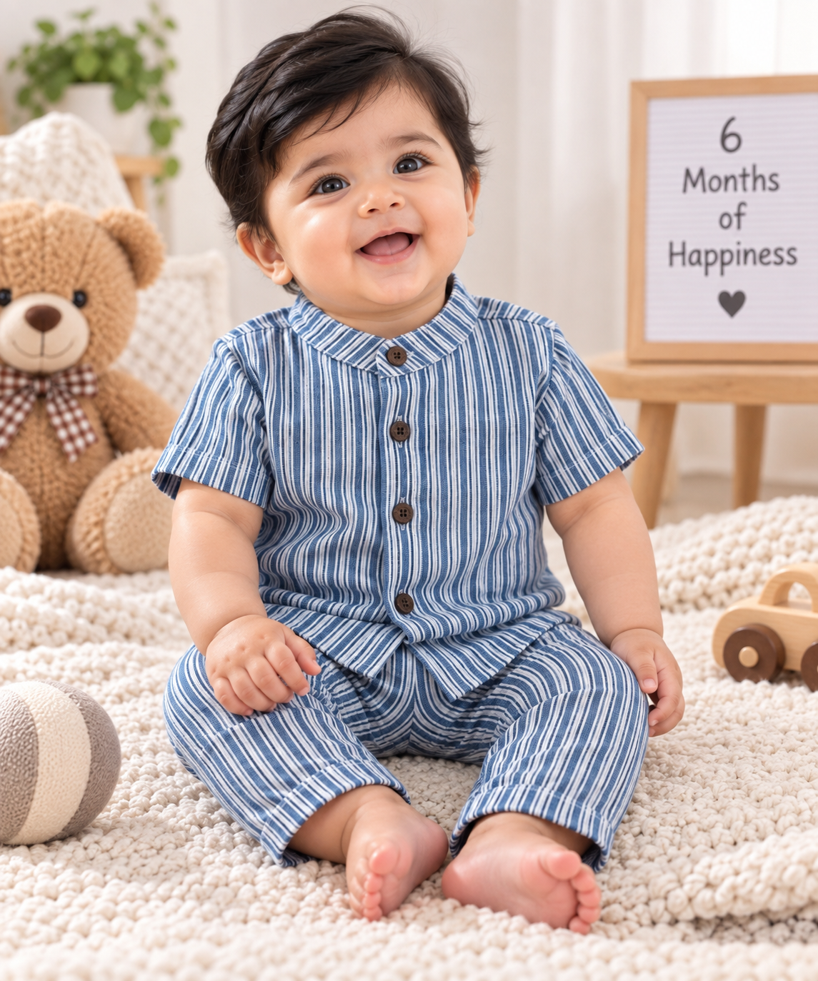 Airport - Kids Muslin Printed Co-ord Set – Chinese Collar Shirt & Pant (Grey Stripes)