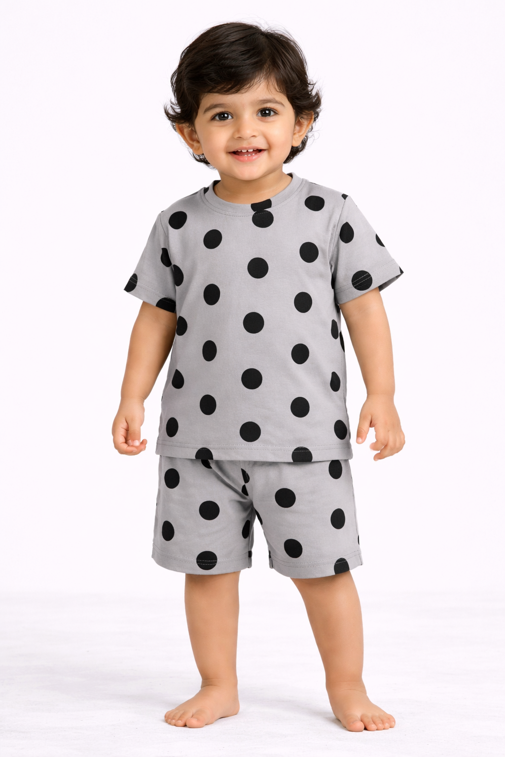 Cotton Shorts Sleeves Tshirt with Shorts Sets (Grey Big Dot)