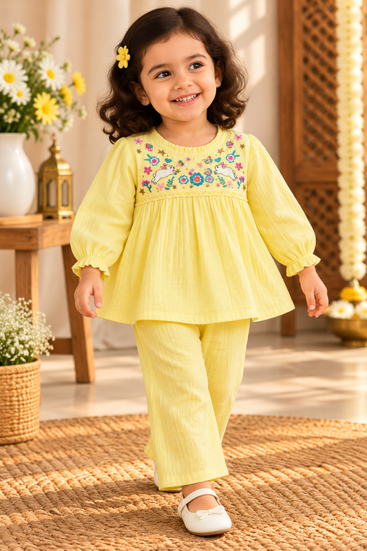 Kids Muslin  Peter Pan embroidery Frock With Pant (Yell0w)