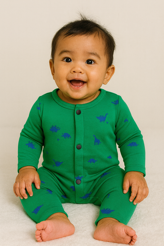 Front Open Full sleeves Cotton Tshirt with Pant (Green Blue Dino)