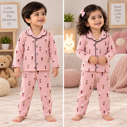 Premium Ribbed Collar full Sleeves Night Suit Sets (Peach 1 Flower)
