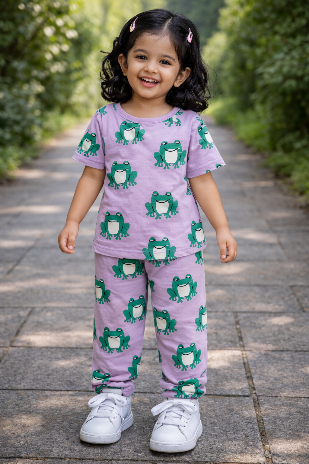 Premium Ribbed Half Sleeves Pajama Set (Purple Green  Frog)