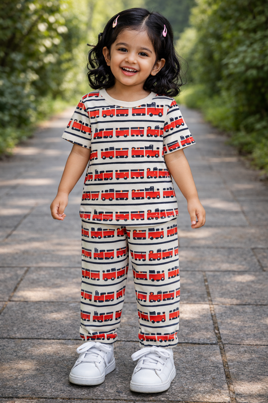 Premium Ribbed Half Sleeves Pajama Set (Red Truck)