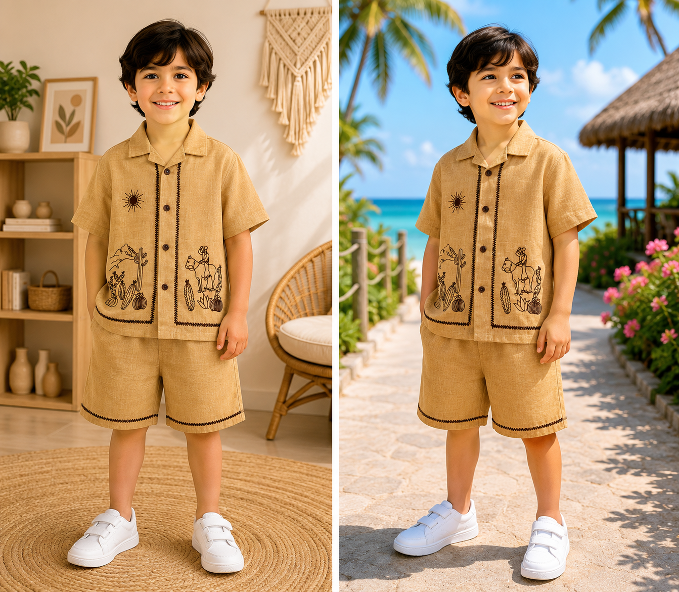(LB006) - Linen Blend Embroidered Co- Ord Set  (Gold Brown Sun )