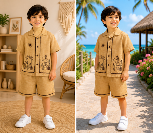(LB006) - Linen Blend Embroidered Co- Ord Set  (Gold Brown Sun )