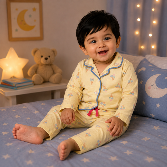 Premium Cotton Collar Full Sleeves Night Suit Set for Kids – Yellow Ice Cone Print