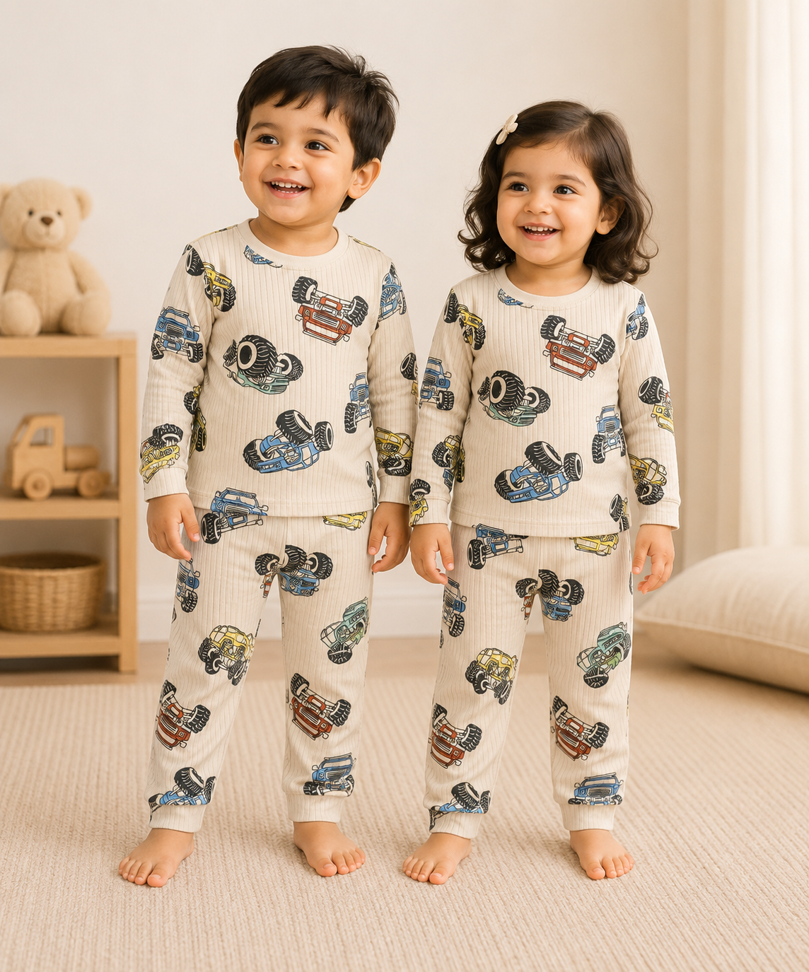 Premium   Ribbed  Full Sleeves T-Shirt With Pant (Cream Racing cars)
