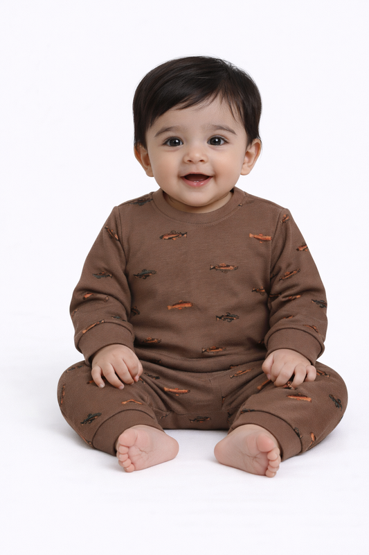 Premium Full sleeves Cotton Tshirt with Pant (Brown Fish)