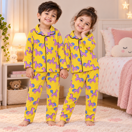 Premium Ribbed Collar full Sleeves Night Suit Sets (Yellow Unicorn)