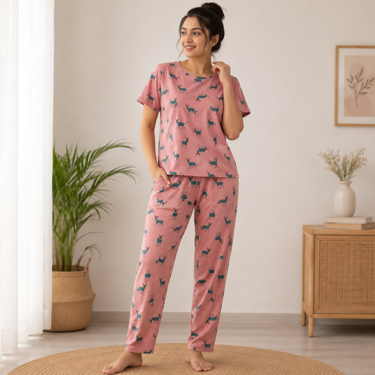 Women's Premium Cotton T-Shirt & Pant Co-Ord Set Lounge Wear With Pocket (Peach Green Deers)