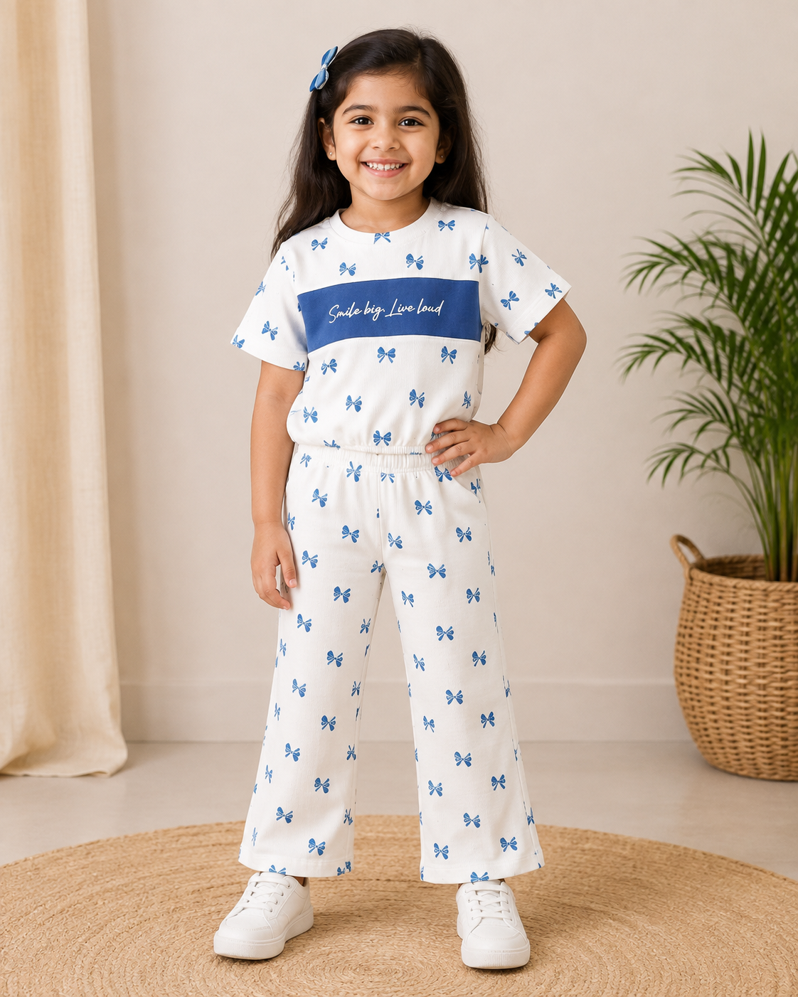 Girl's Crop Top With Pant (Blue Bows)