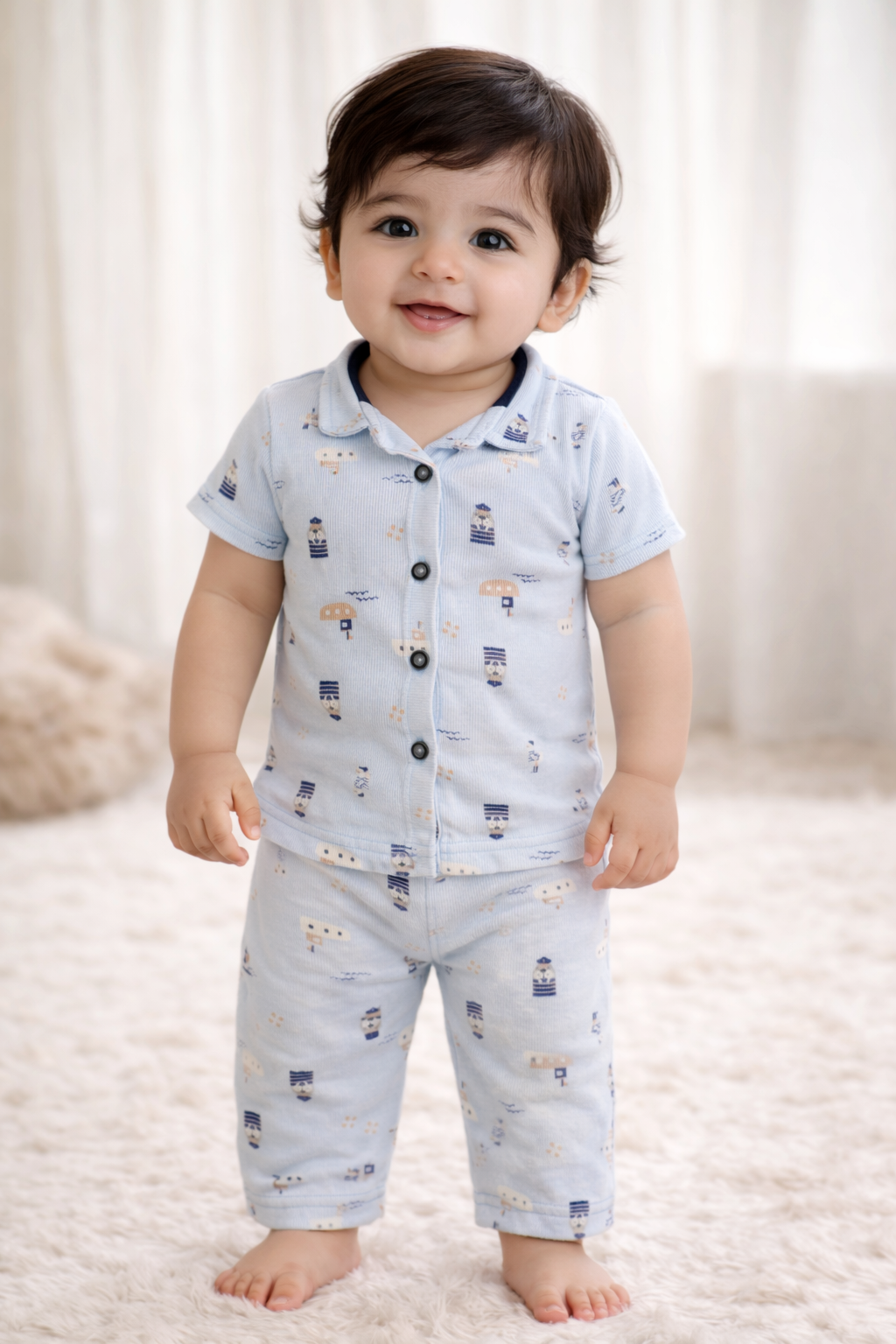 Premium Half Sleeves Collar Ribbed Tshirt with Pant (Light Blue Vehicle)