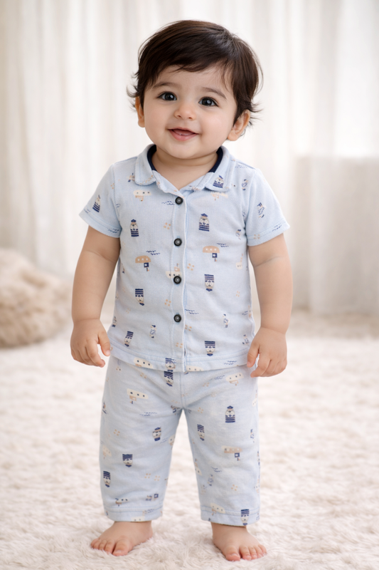 Premium Half Sleeves Collar Ribbed Tshirt with Pant (Light Blue Vehicle)