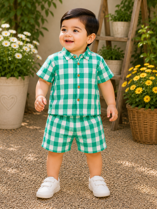 Airport - Kids Muslin Co-ord Set – Front Open Collar Shirt & Shorts ( Green White Checks) (Copy)