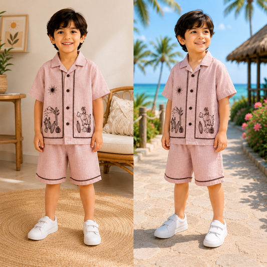 (LB005) - Linen Blend Embroidered Co- Ord Set  (Peach Brown Sun )