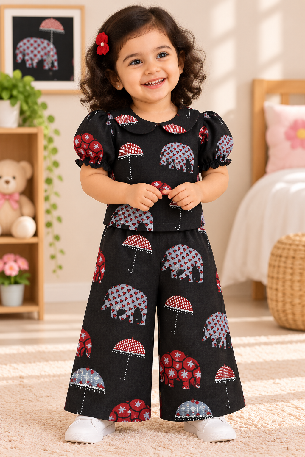 Girls Casual Cotton Printed Peter Pan Collar Co-ord Set (C053P)(Black Elephant) (PRE- Booking)