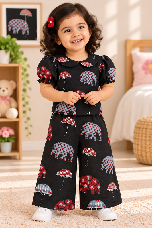 Girls Casual Cotton Printed Peter Pan Collar Co-ord Set (C053P)(Black Elephant) (PRE- Booking)