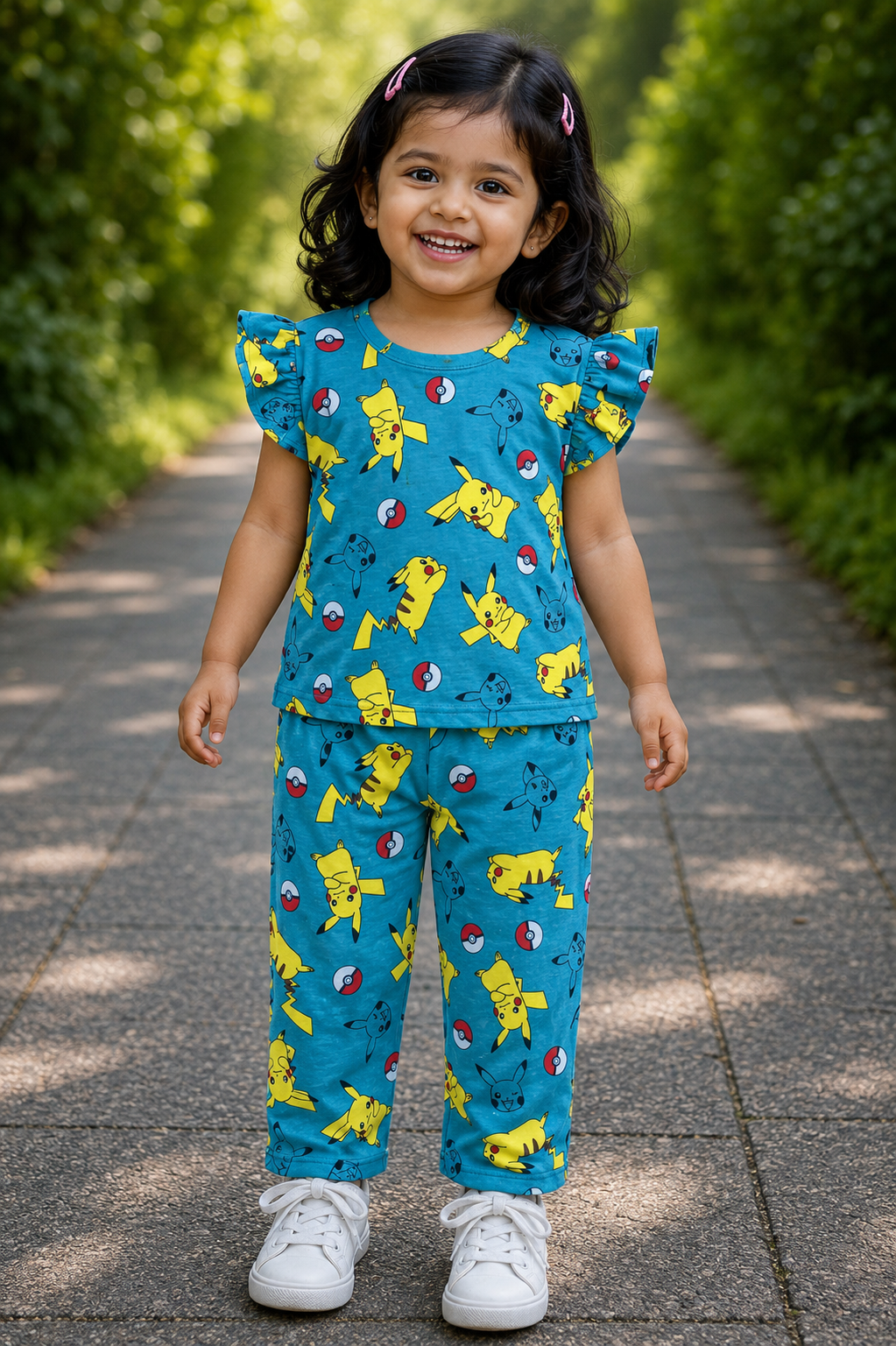 (EP003) - Girls Frill Top & Pant set (Green Pikachoo)(9-10 Yrs)