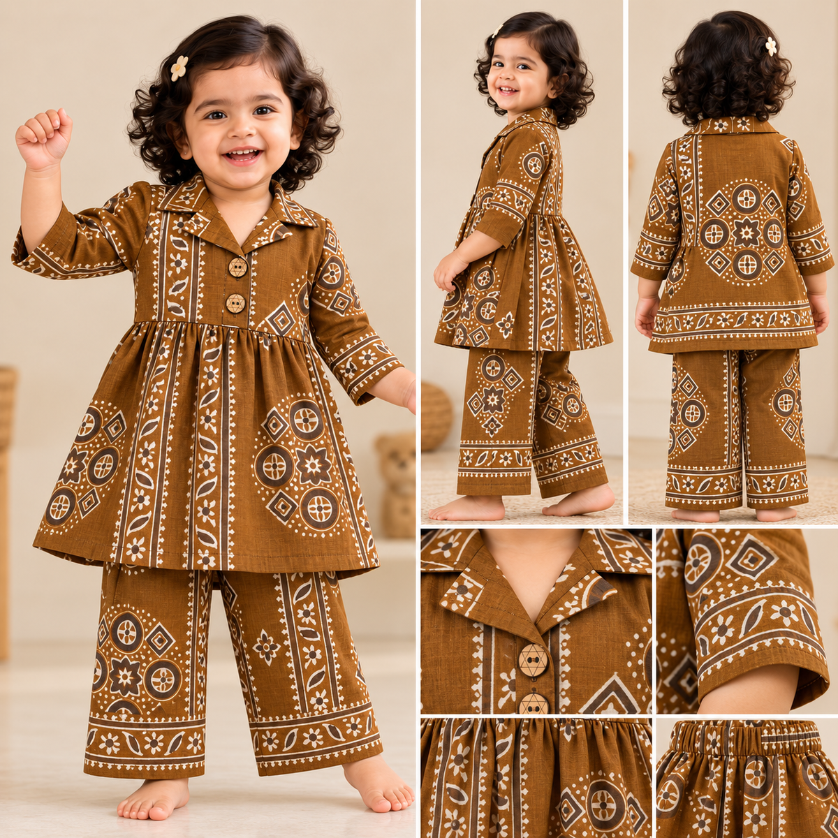 Girls Cotton Peplum Top & Pant Co-ord Set – Mustard Kolam (CP104) (Pre-booking)