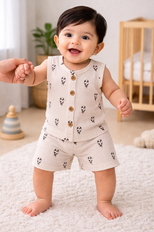 Ribbed Cotton Sleeveless Shorts Sets ( Tan Black Bottle)