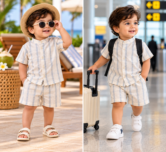 Airport Kids Cotton Muslin Shirt & Shorts Set (Blue Stripes)