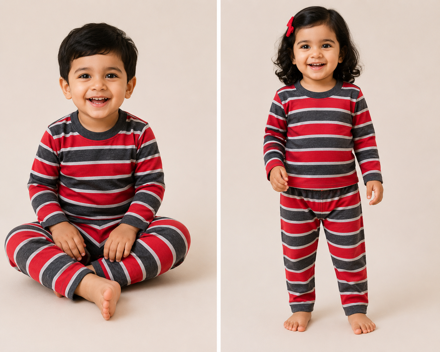 Soft Cotton Full sleeves Tshirt with Pant ( Red Grey Stripes)