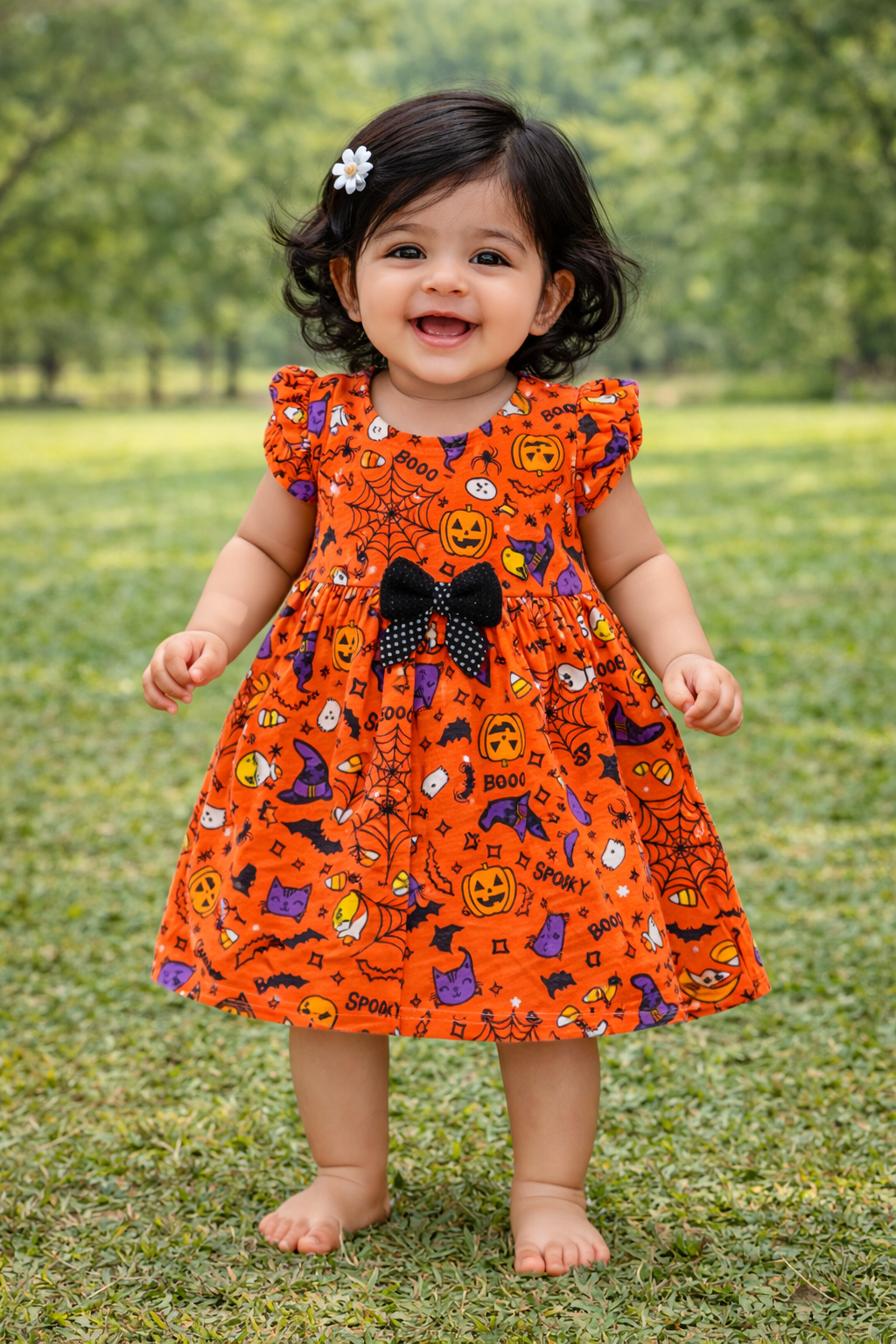 Half Sleeves Frill Frocks with BOW (Orange Spooky)
