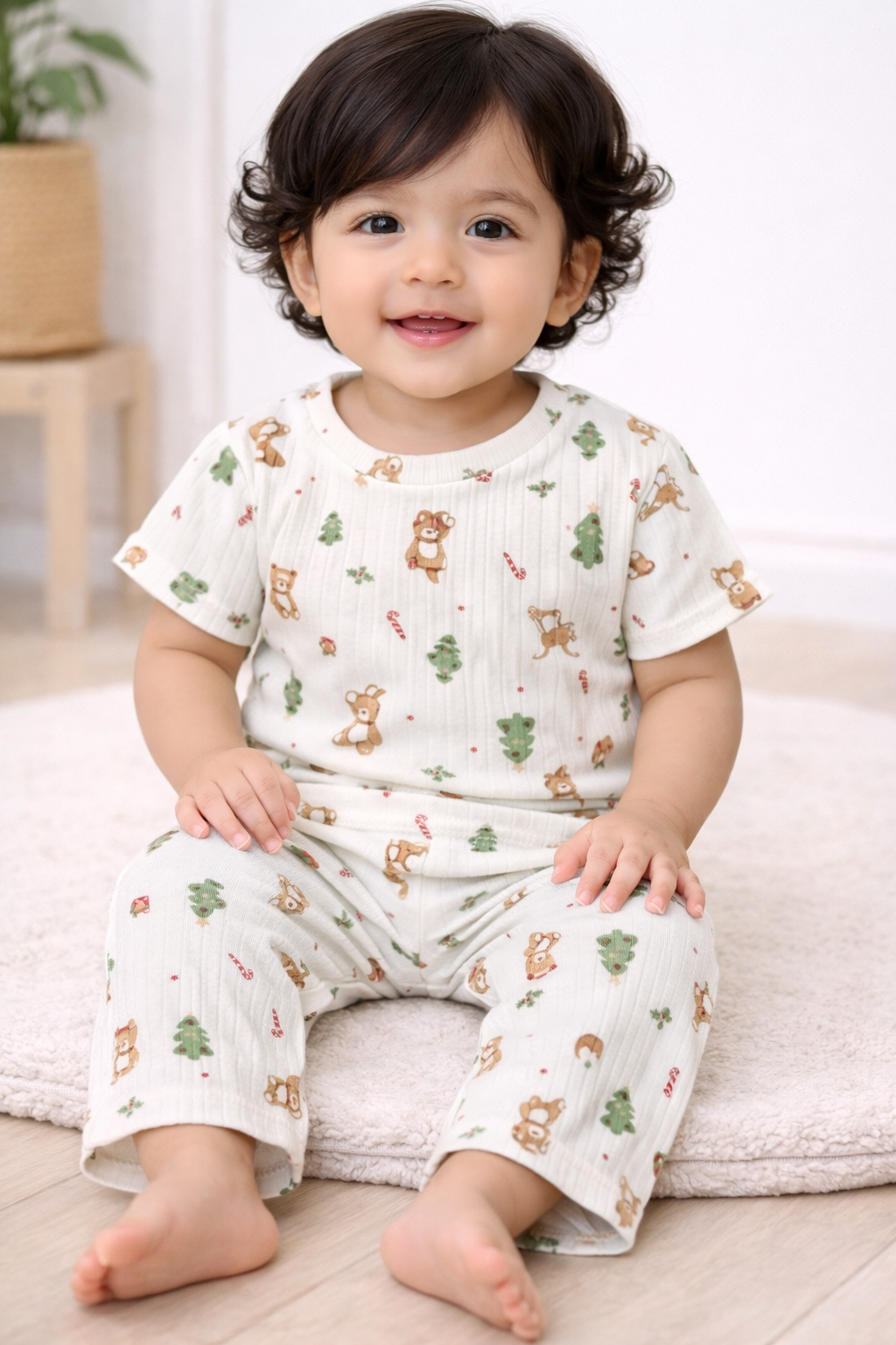 Premium Ribbed Half sleeves Tshirt with Pant (Bear & The Christmas Tree)