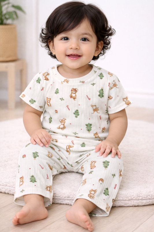 Premium Ribbed Half sleeves Tshirt with Pant (Bear & The Christmas Tree)