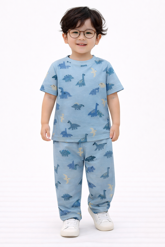 Premium Cotton Half Sleeves Tshirt with Pant (Blue Dino Groups)