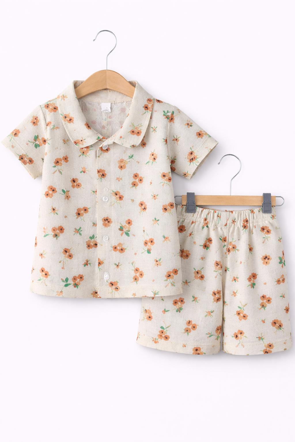 Airport - Kids Muslin Co-ord Set – Front Open Collar Shirt & Shorts( Light  Green Brown Flower)
