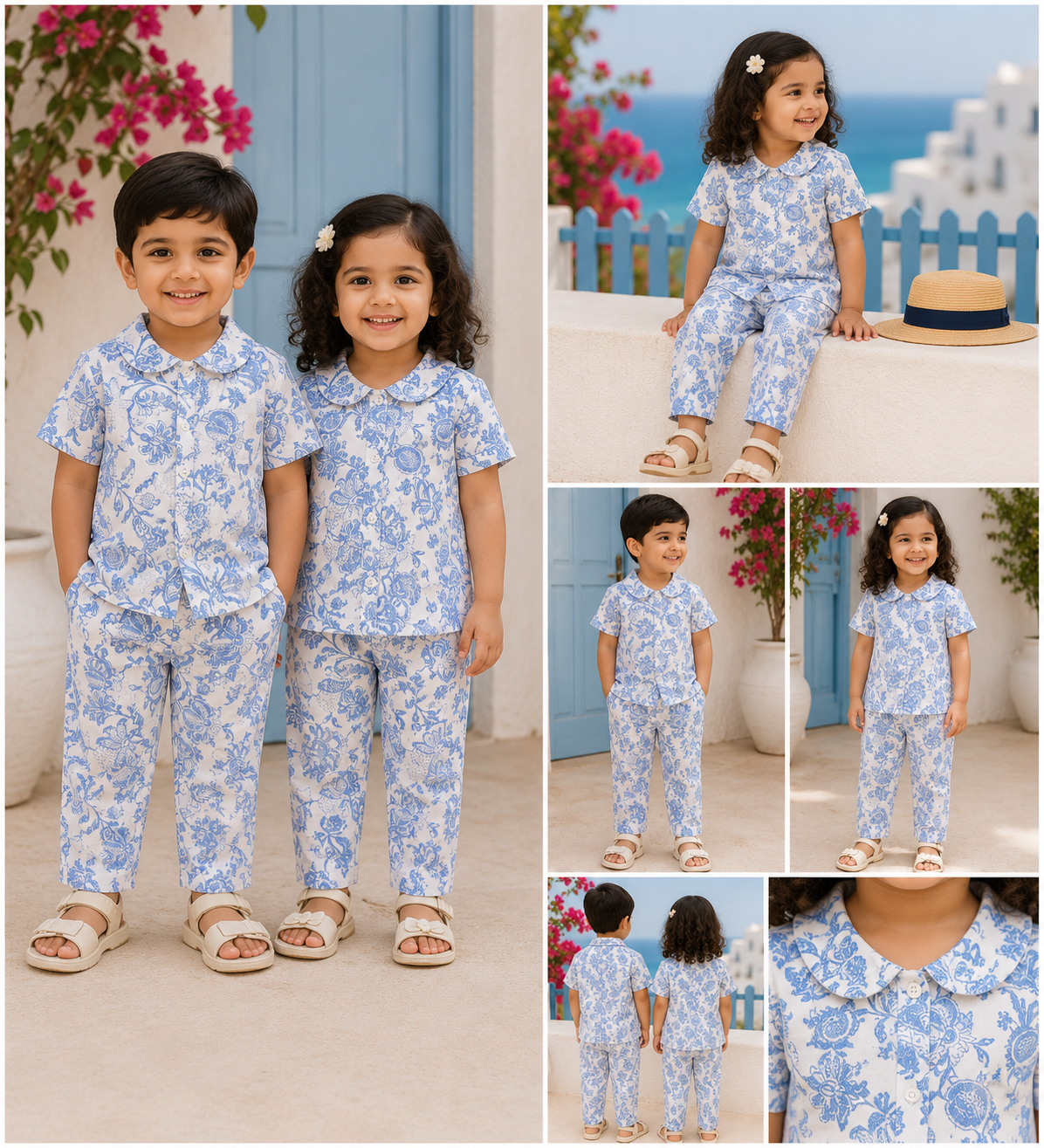 Peter Pan  Outdoor Collar Sets (White Blue Big Flowers)