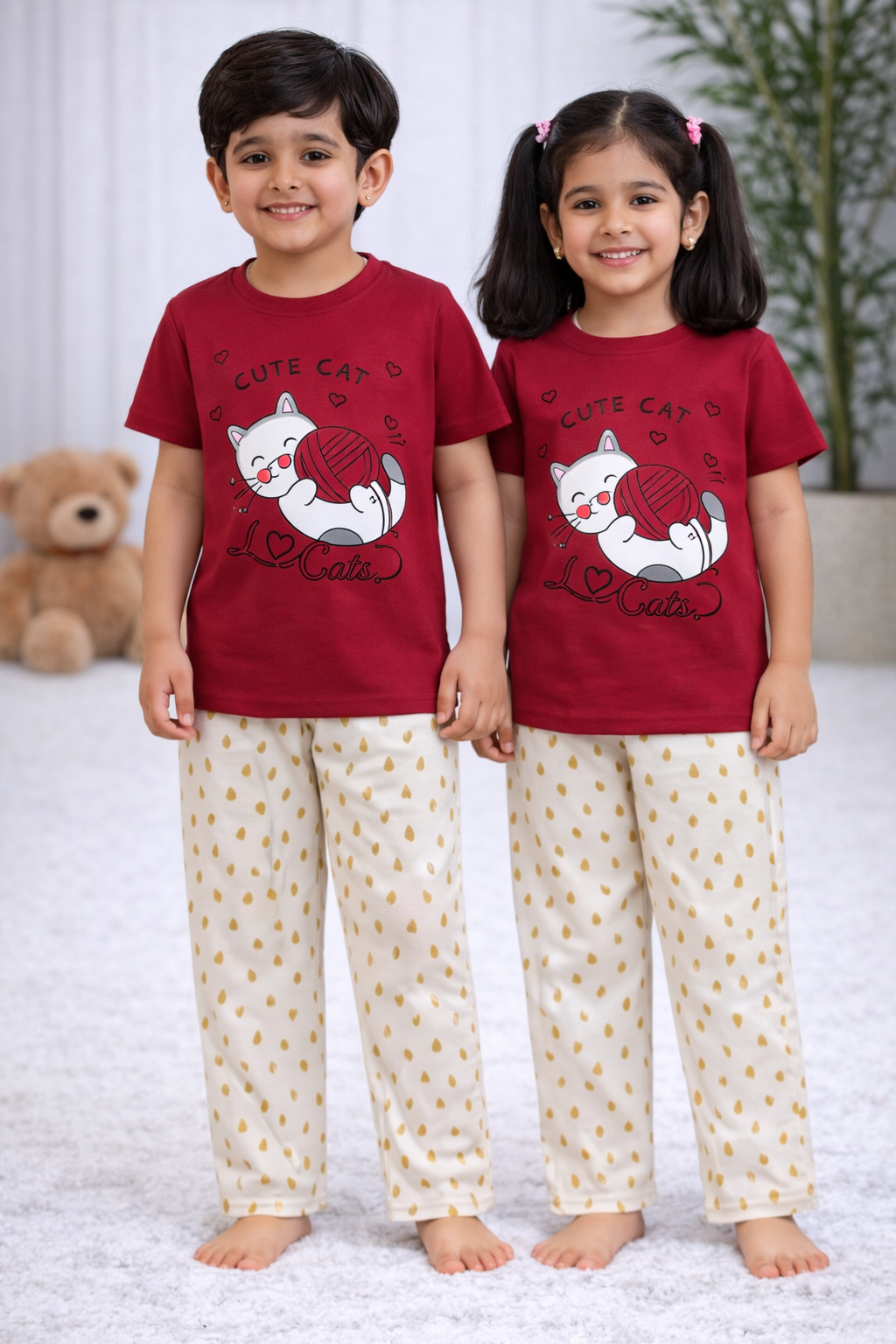 Premium Cotton Contrast Half Sleeves Pajama Set (Blue -Bee Mine: Car)