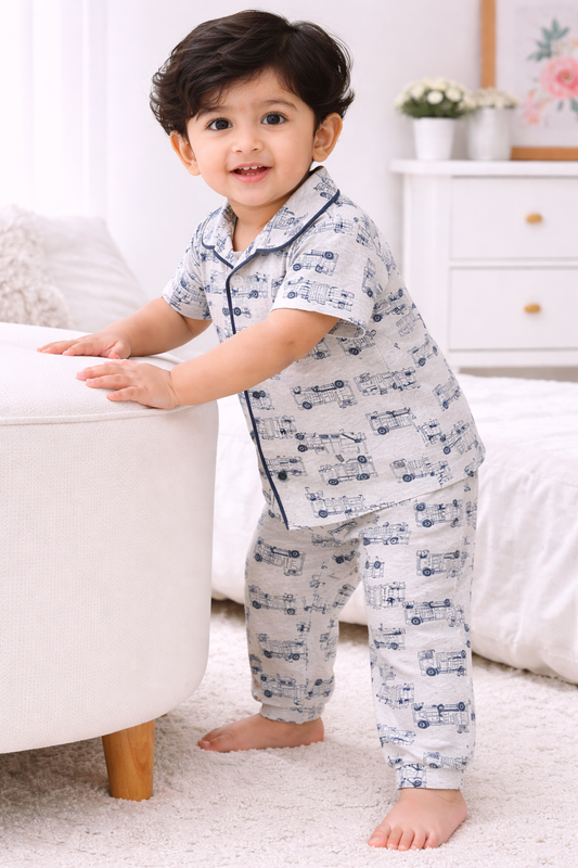 Kid's Collar night Suits (Grey trucks)
