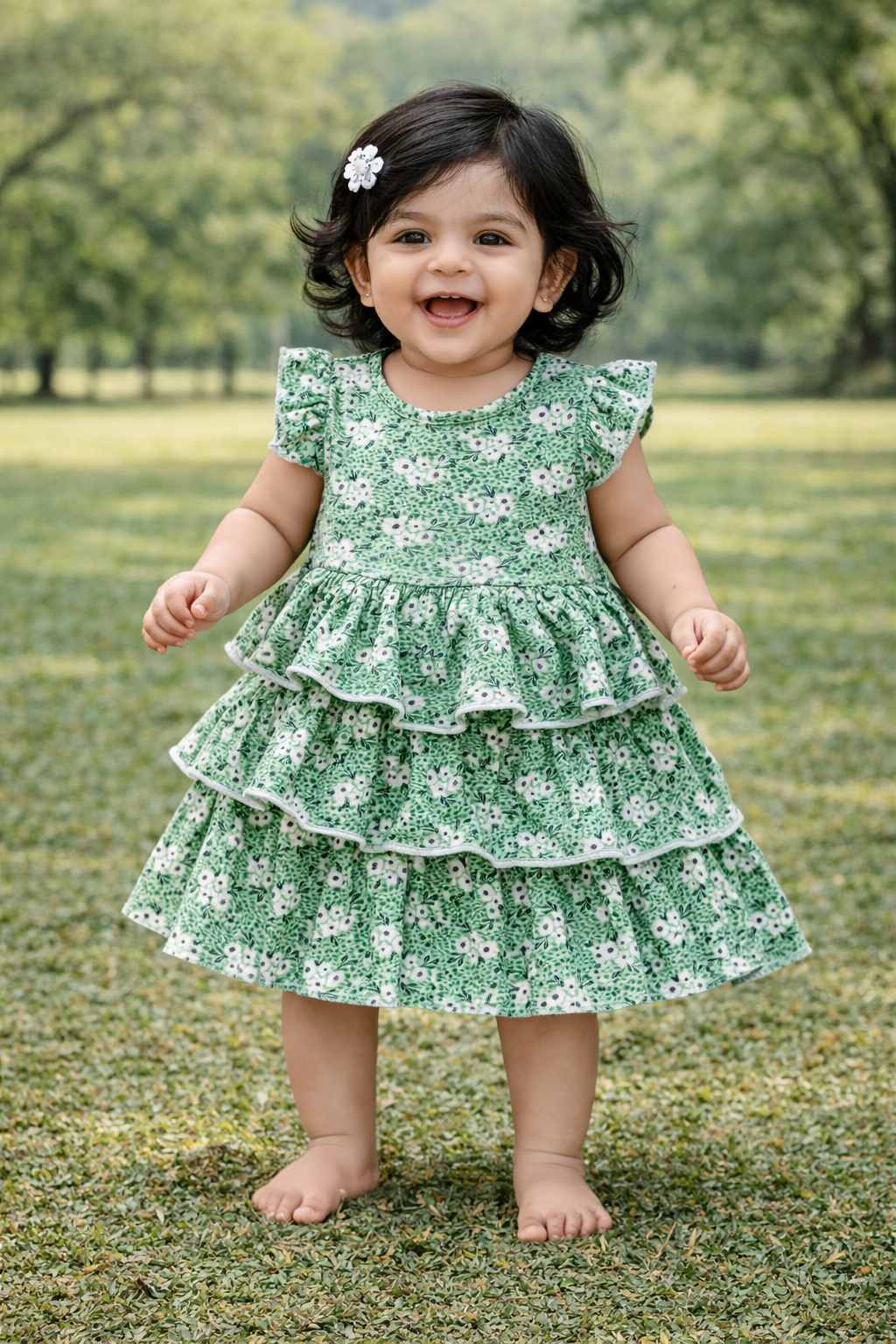 Half Sleeves Frill Frocks with BOW (Green White Flower)