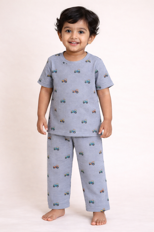 Premium Ribbed Half sleeves Tshirt with Pant (Blue Kutty Truck)