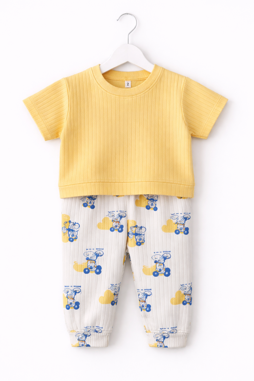Premium Ribbed Half sleeves Tshirt with Contrast Pant( Yellow Micky mouse)