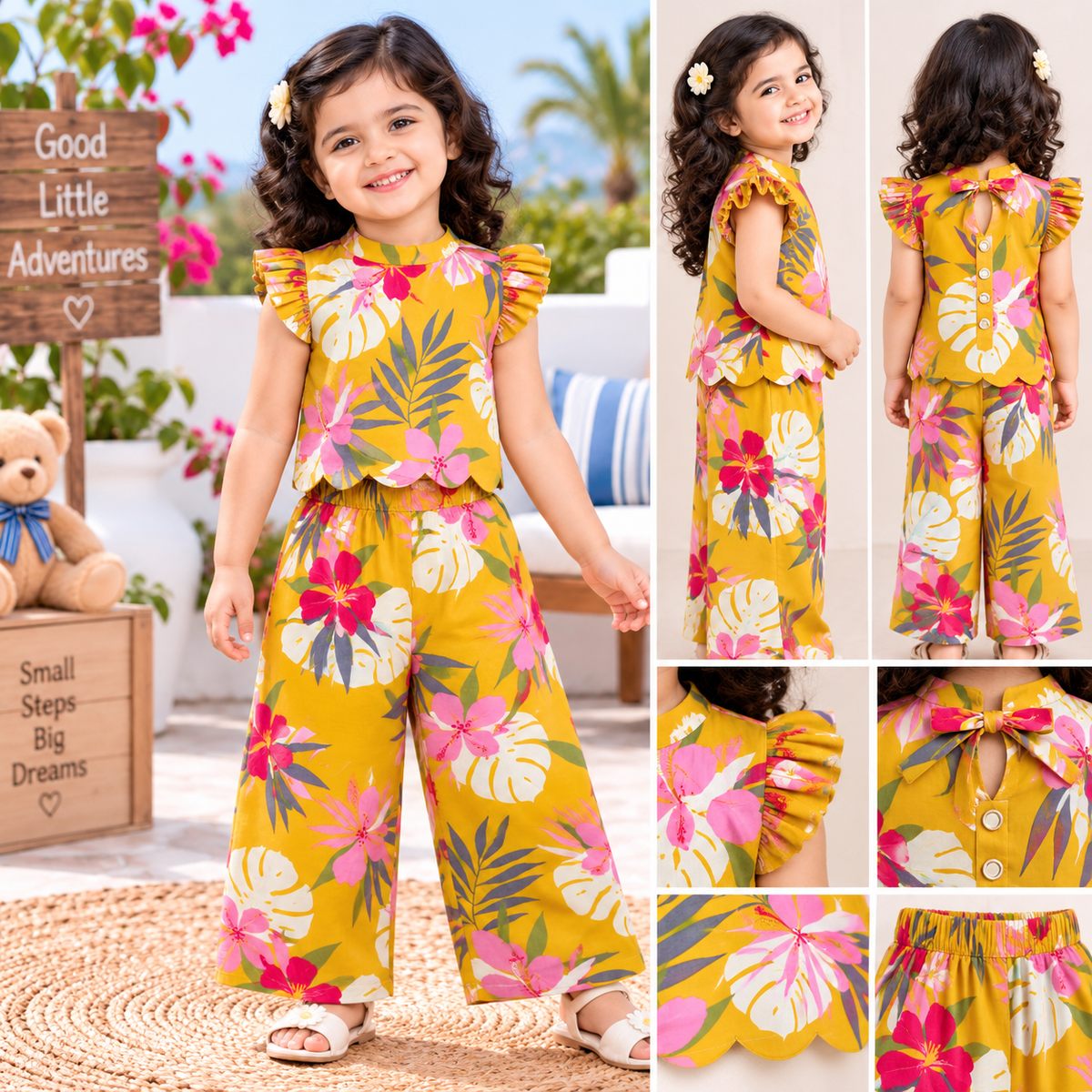 Girls Casual Cotton Printed High Collar & Scallop Top & Pant Co-ord Set (SC002)( Mustard Red Flower)  ( Pre - Booking)