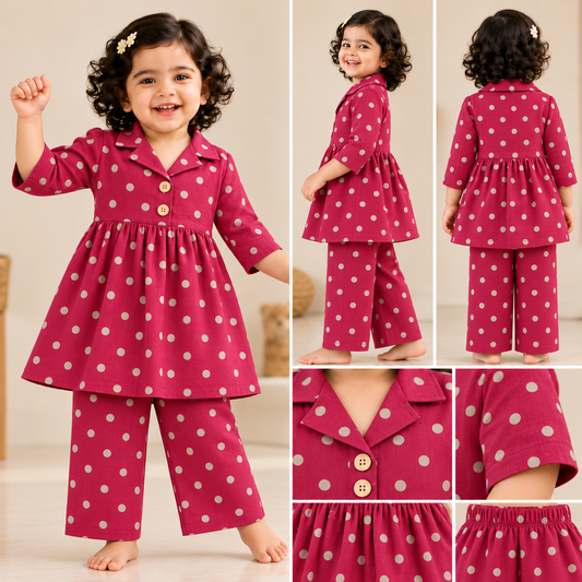 Girls Cotton Peplum Top & Pant Co-ord Set – Burgundy Polka (CP101) (Pre-booking)