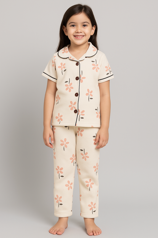 Kid's Collar night Suits (Cream Pink Flower)