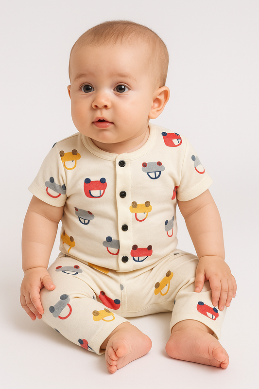 Half sleeves Front Open Tshirt with Pant (Cream Car) (0-18 Months)