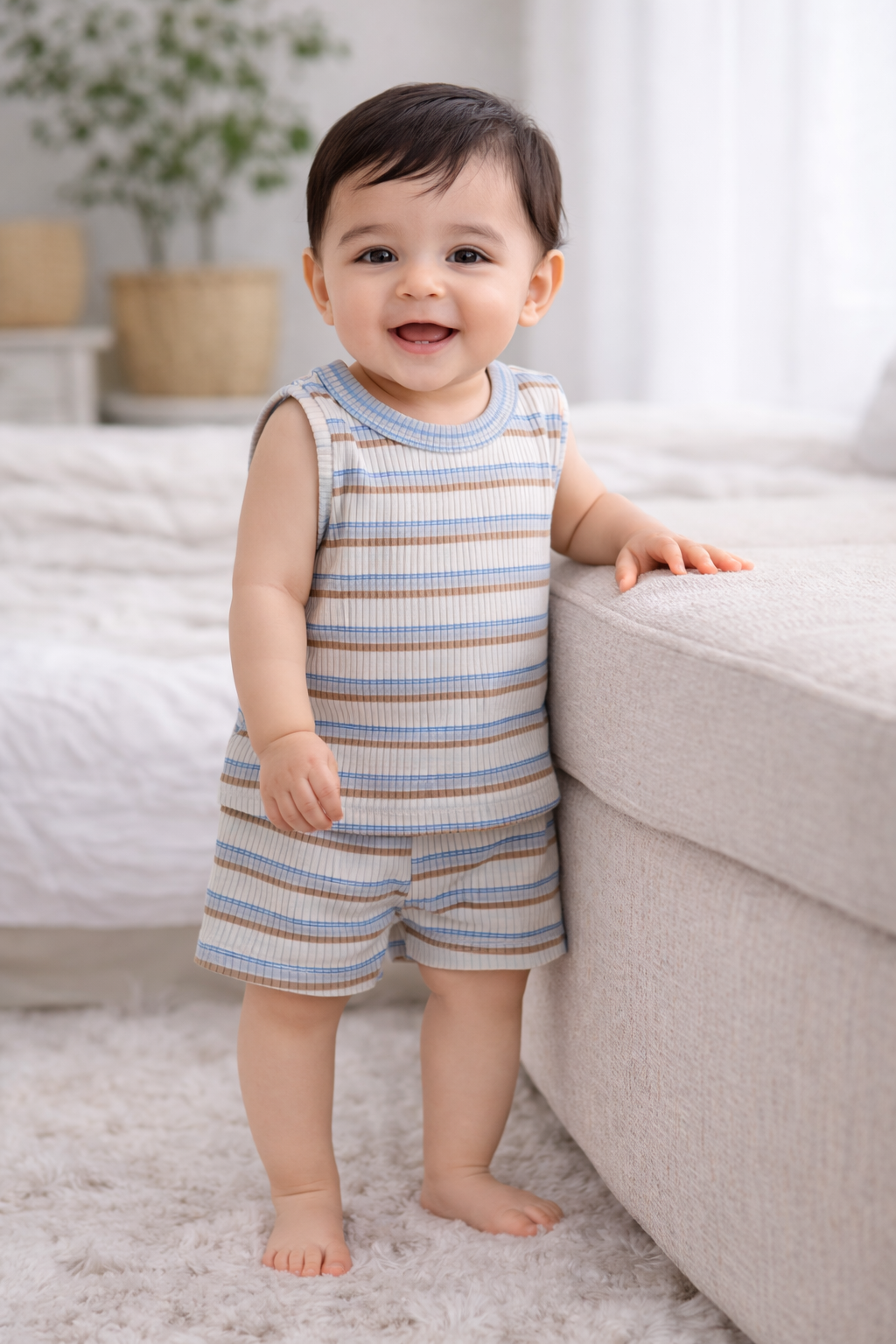 Infant Cotton Sleeveless Co-ord Set | Baby T-shirt & Shorts Set (Let's Blue Brown Stripes)